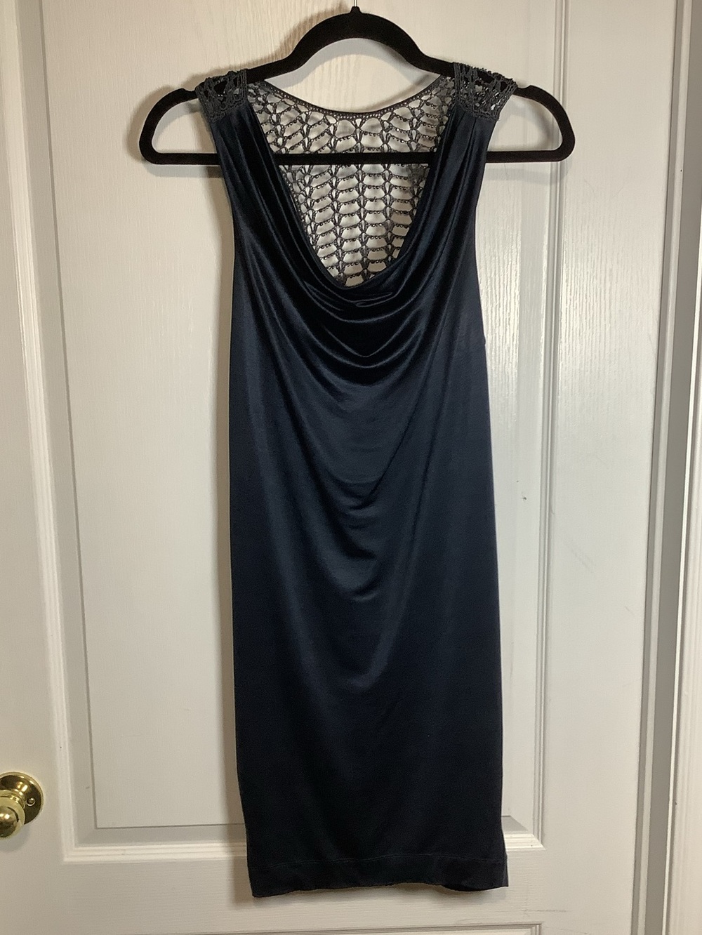 Bebe Sleeveless Navy Cowl Neck Dress with Back Crochet Detail
